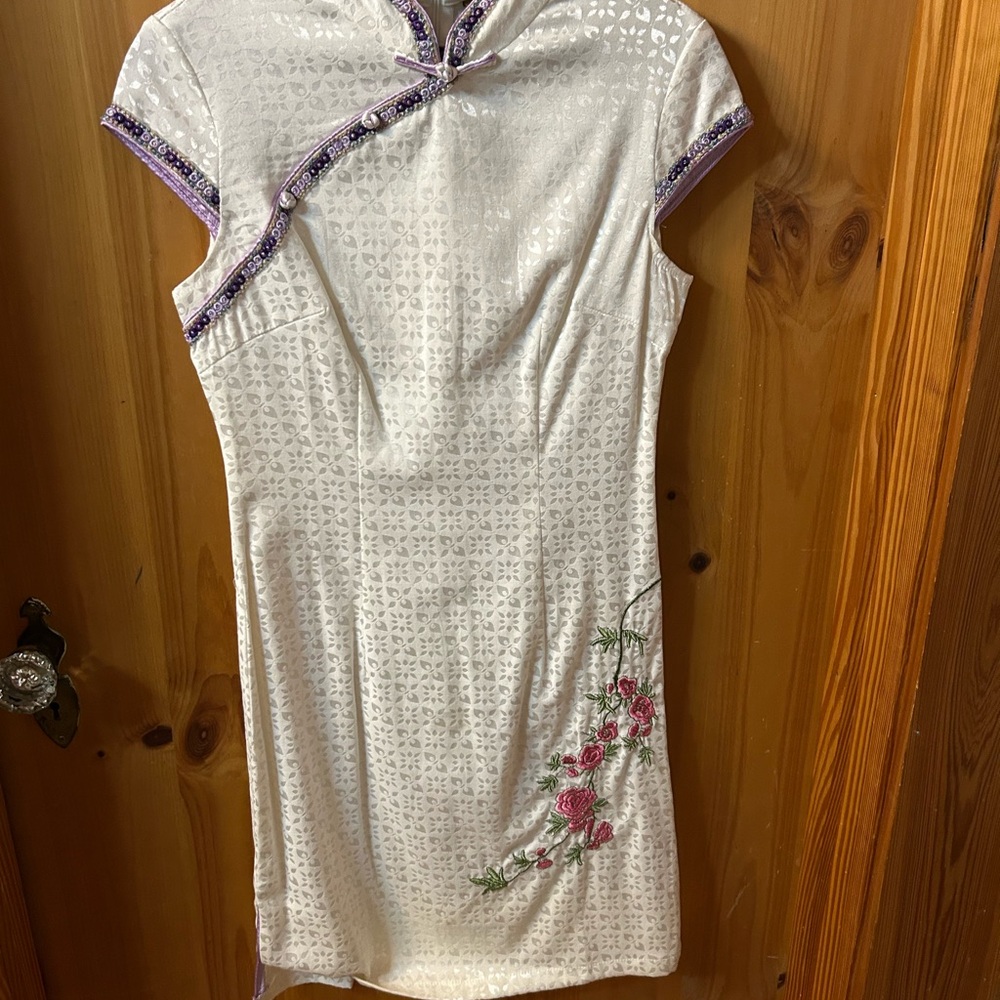 White Midi Cheongsam Dress with Purple Trim and Pink Rose Embroidery